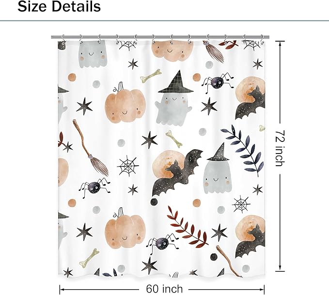Halloween Kids Shower Curtain 60Wx72L Inch Cute Cartoon Ghost Pumpkin Shower Curtain Bathroom Set Bat Spider Web Wizard Hat Funny Stars Leaves Bath Curtain Bathtub Accessories Home Decor