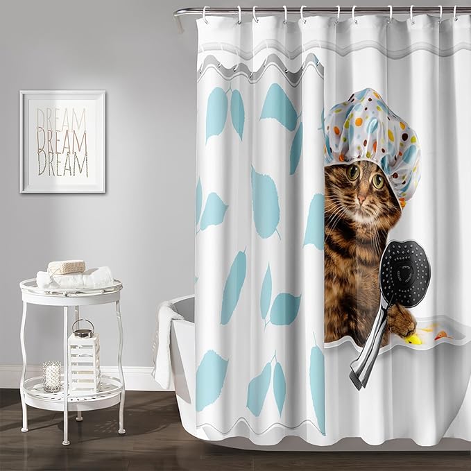 AILONEN Funny Cat with Shower Cap Shower Curtain for Kids 72" W*84" H Inch,Cute Kitten Taking Shower Bathroom Curtain,12 Pack Hooks Polyester Waterproof Fabric Decor for Bathroom,Blue
