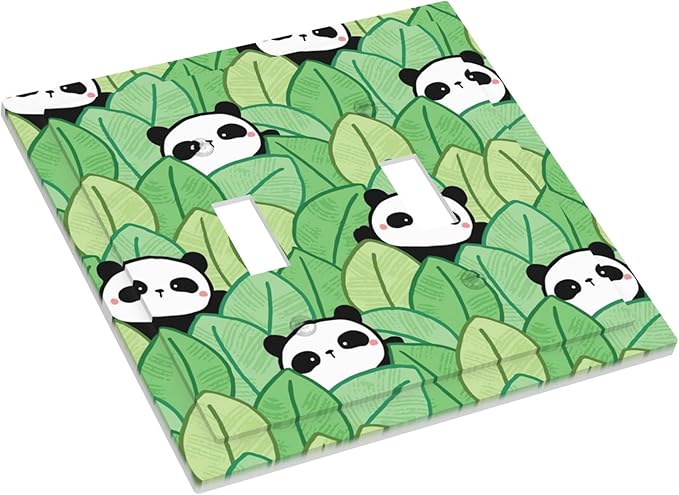 Cartoon Panda and Leaf Double Toggle Light Switch Covers 2 Gang Wall Plate Dual Decorative Switchplate Electrical Faceplate for Bathroom Country Kitchen Bedroom Decor, 4.9" x 5"