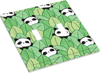 Cartoon Panda and Leaf Double Toggle Light Switch Covers 2 Gang Wall Plate Dual Decorative Switchplate Electrical Faceplate for Bathroom Country Kitchen Bedroom Decor, 4.9" x 5"