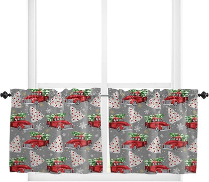 Red Truck Christmas Kitchen Curtains and Valances Set, Merry Christmas Tree Windows Treatments Tiers Half/Short Curtains for Small Windows Cafe /Living Room/ Bedroom 54x24 in Winter Snowflake Grey