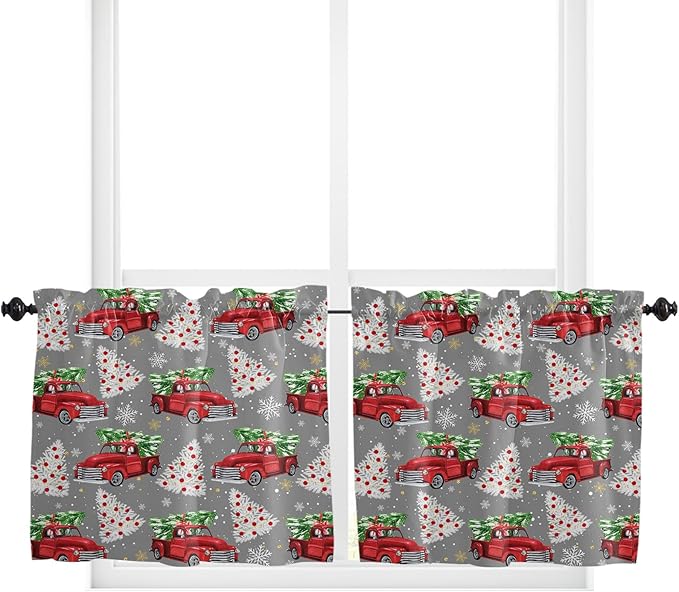 Red Truck Christmas Kitchen Curtains and Valances Set, Merry Christmas Tree Windows Treatments Tiers Half/Short Curtains for Small Windows Cafe /Living Room/ Bedroom 54x36 in Winter Snowflake Grey