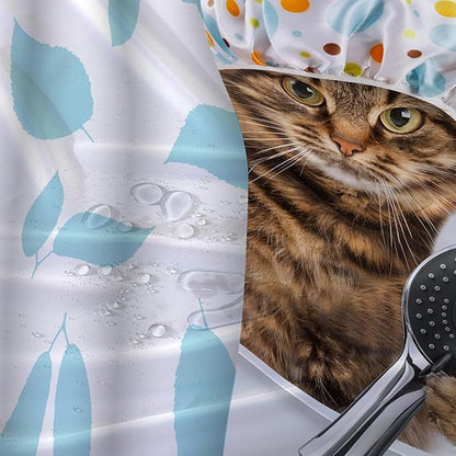 AILONEN Funny Cat with Shower Cap Shower Curtain for Kids 72" W*72" H Inch,Cute Kitten Taking Shower Bathroom Curtain,12 Pack Hooks Polyester Waterproof Fabric Decor for Bathroom,Blue
