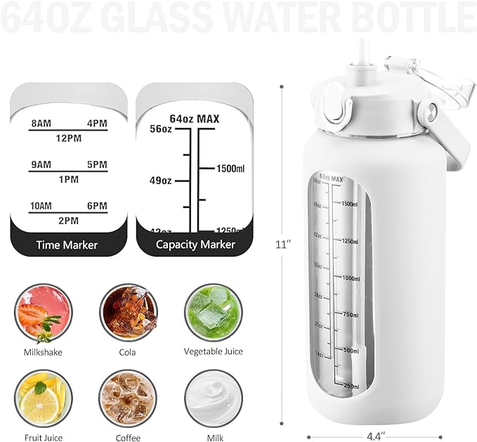 64 oz Glass Water Bottle with Straw and 2 Lids, Half Gallon Water Bottle with Sleeve, Large Insulated 2 Liter Glass Water Jug Time Marker with Handle - White
