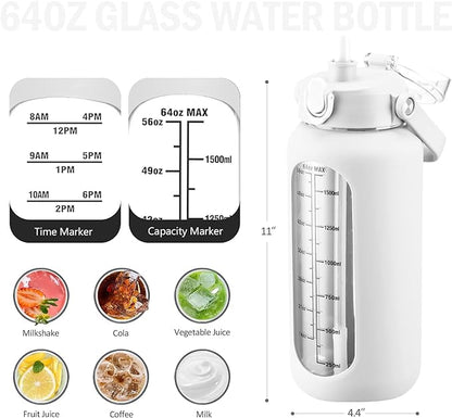 64 oz Glass Water Bottle with Straw and 2 Lids, Half Gallon Water Bottle with Sleeve, Large Insulated 2 Liter Glass Water Jug Time Marker with Handle - White