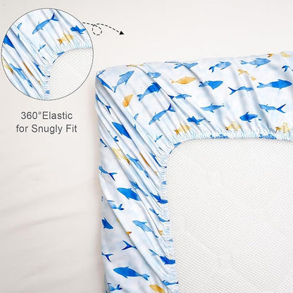 3 Pack Mini Crib Sheets, Premium Pack N Play Sheets for Boys Girls Neutral, Soft Breathable Baby Sheets Fit Pack N Play, Playard and Mini Crib Mattresses, Whale