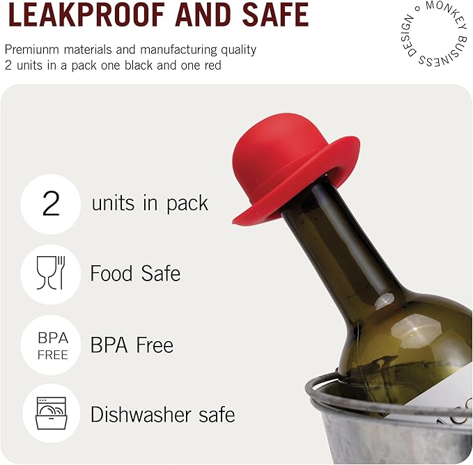 Monkey Business Silicone Wine Stopper | Seals Bottle and Keeps Wine Fresh/Cute Wine Accessories/Kitchen Gadgets/Bowler Hat Bottle Stopper (Set of 2)