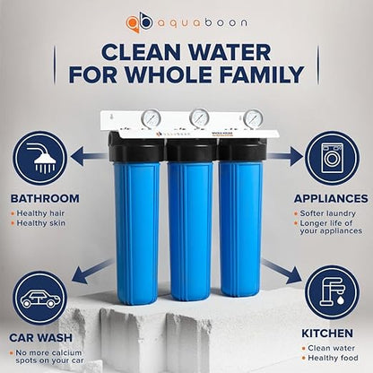 Aquaboon 3-Stage Whole House Water Filter System - w/CTO 5 Micron Water Filter 20" x 4.5" & Premium Polyphosphate & KDF Filters - w/Wrench, White Bracket & Pressure Gauges & Release Buttons (1" Port)