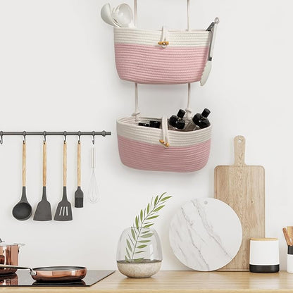 TeoKJ Over The Door Hanging Baskets with Button Strap, 3-Tier Woven Cotton Storage Organizer Bag, Wall-Mounted with Hook Decorative Hanging Nursery Baskets - Pink+White