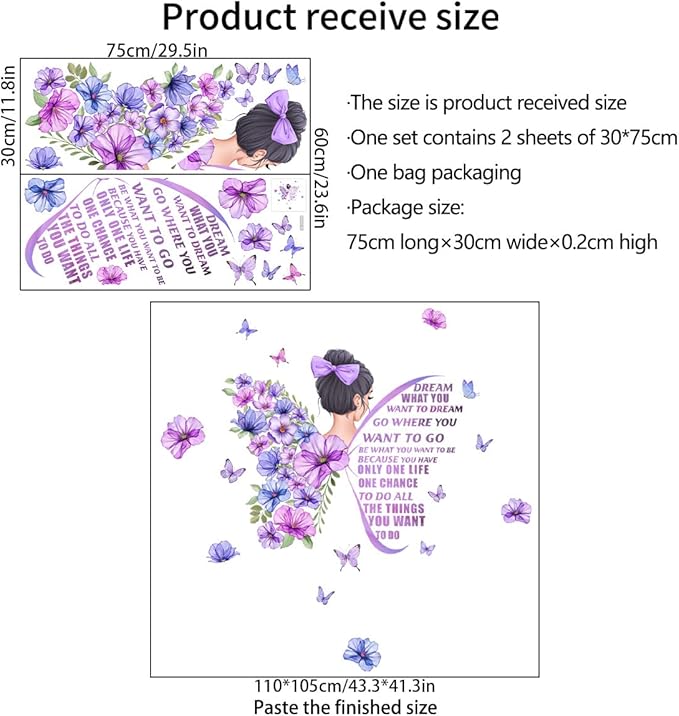 Large Butterfly Wall Decals Inspirational Girl Wall Stickers Vinyl Peel and Stick Phrase for Women Girls Bedroom Living Room Office Bathroom Wall