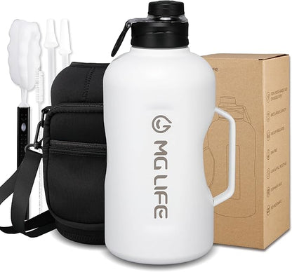64oz Insulated Water Bottle With Handle, Stainless Steel Thermos With Straw, Water Bottle Holder With Strap, Half Gallon Water Jug, For Water, Iced Tea Or Coffee, On Gym (White)