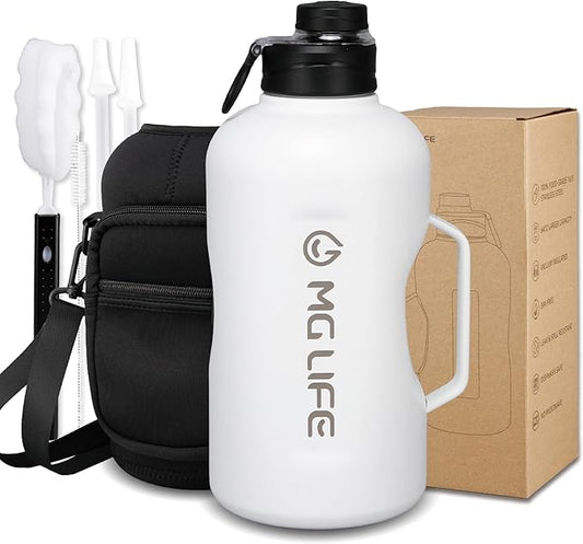 64oz Insulated Water Bottle With Handle, Stainless Steel Thermos With Straw, Water Bottle Holder With Strap, Half Gallon Water Jug, For Water, Iced Tea Or Coffee, On Gym (White)