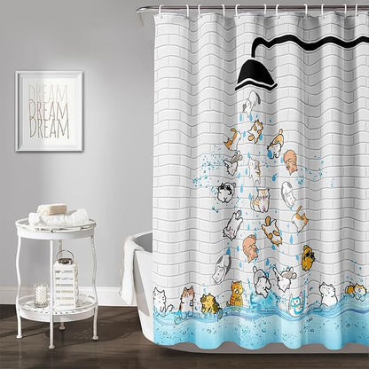 AILONEN Cute Cat Shower Curtain for Kids 72" W*84" H Inch,Colorful Animals Playing Water Kids Lovely Funny Hilarious Shower Curtain,12 Pack Hooks Polyester Waterproof Fabric Decor for Bathroom