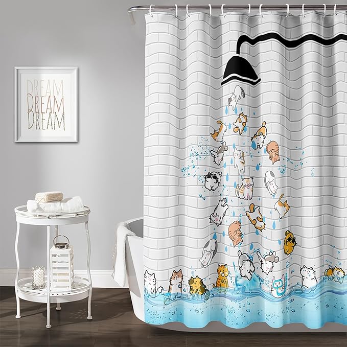 AILONEN Cute Cat Shower Curtain for Kids 72" W*96" H Inch,Colorful Animals Playing Water Kids Lovely Funny Hilarious Shower Curtain,12 Pack Hooks Polyester Waterproof Fabric Decor for Bathroom
