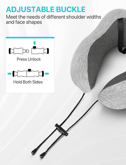 ALLJOY Travel Neck Pillow for Sleeping-Prevents Head Forward,100% Pure Memory Foam Travel Pillow with Eye Mask, Adjustable Clasp, and Seat Strap - Comfort Travel Kit for Airplane, Train, Car