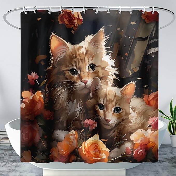AILONEN 3D Kawaii Cat Shower Curtain,Lovely Kitten Mom and Son Polyester Cloth Bath Curtain Set for Girls Boys,Cute Animal with Flowers Waterproof Shower Curtains for Bathroom, 36" W*72" H