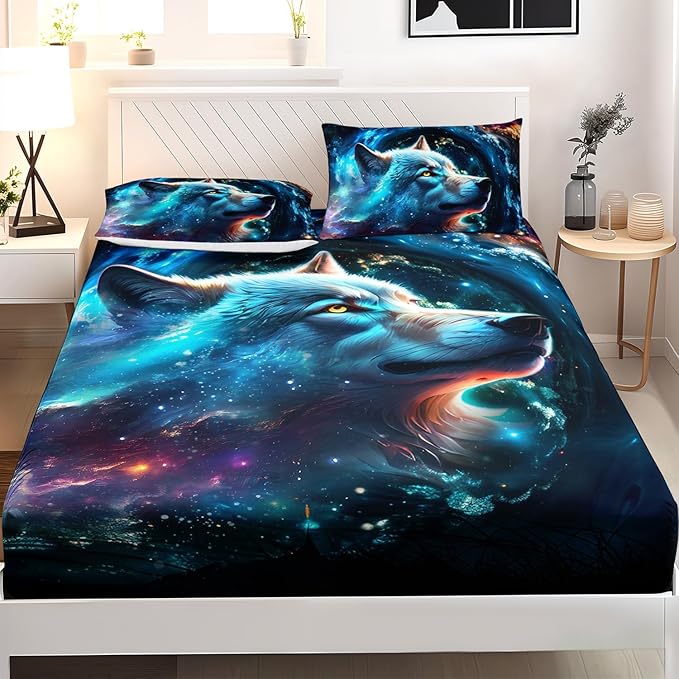 AILONEN Wolf Fitted Sheet Set Twin Size, Space Galaxy Wolf Bed Sheet Set for Boys Girls,Howling Wolf Safari Wolf Breathable Fitted Sheet and 2 Pillowcases,3 Pieces