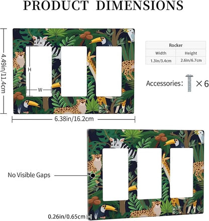Cartoon Animal Zebra Leopard Giraffe Bird Leaf 3 Gang Rocker Nursery Light Switch Covers Decorative Triple Outlet Wall Plate Cover Faceplate Decorative Switchplate GFCI for Kidroom Decor