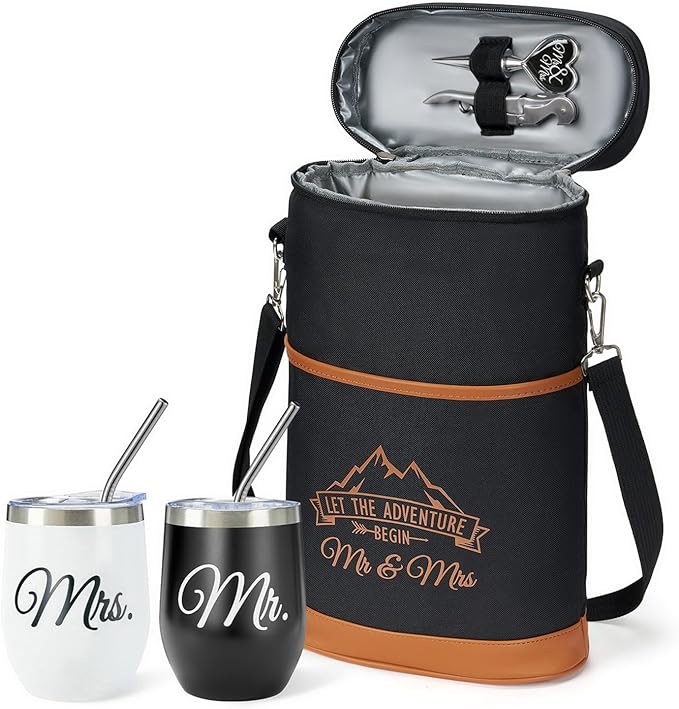 AW BRIDAL Mr and Mrs Gifts Bridal Shower Gifts His and Hers Gifts Wedding Gifts, Couple Engagement Gifts- Wine Gift Bag Wine Cooler Bag Insulated Wine Carrier Tote with Tumblers