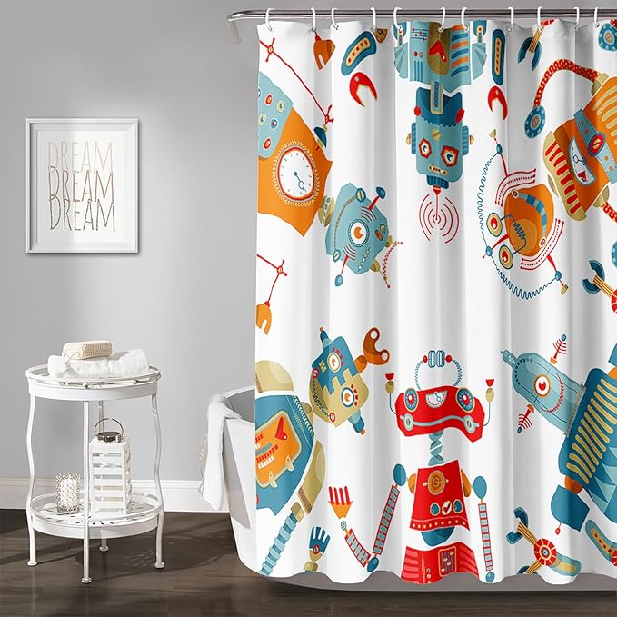 AILONEN Kawaii Robots Shower Curtain,Cartoon Robot Waterproof Fabric Shower Curtain Set for Boys Teens Kids, 72" W*72" H Watercolor Robot Bathroom Decors