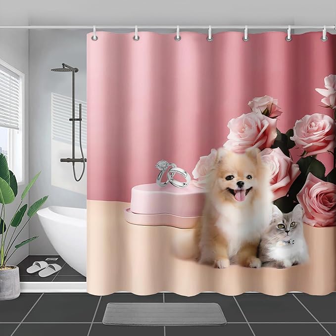 AILONEN Girls Pink Shower Curtain for Bathroom, Rose Flower and Cute Kawaii Dog Cat Pattern Bathroom Decor 72" W*72" H Bath Curtain Polyester Waterproof Shower Curtain with 12 Hooks