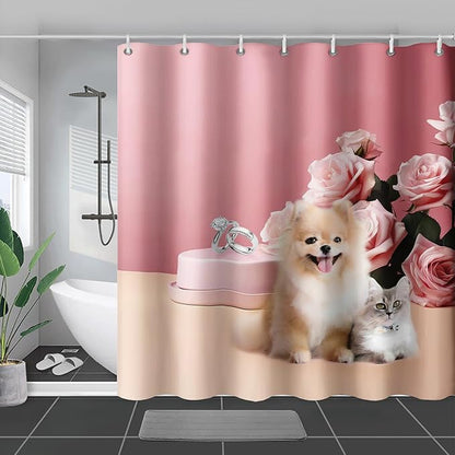 AILONEN Girls Pink Shower Curtain for Bathroom, Rose Flower and Cute Kawaii Dog Cat Pattern Bathroom Decor 72" W*84" H Bath Curtain Polyester Waterproof Shower Curtain with 12 Hooks