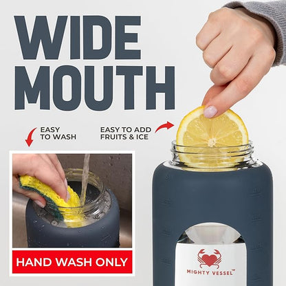 64oz Glass Water Bottle | Blue Water Bottle with Straw & Time Marker | Half Gallon Water Bottle with Measurements & Silicone Sleeve | Suitable for Travel, Gym, Sports & Daily Intake