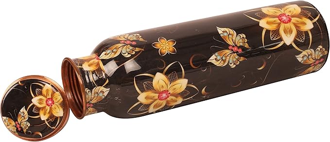 Pure Copper Water Bottle - Handcrafted - Ayurveda health benefits - Large 35 oz - Leak proof - Easy to carry for Sports, Fitness, Yoga, School - Black Base Floral Textured Colorful