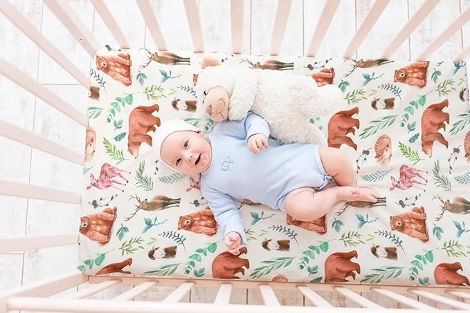 4 Pack N Play Sheets Woodland Forest Animals Wood Neutral Unisex Fitted Baby N Play Sheets Fitted for Standard Pack and Plays and Mini Cribs Set for Baby Boys or Girls