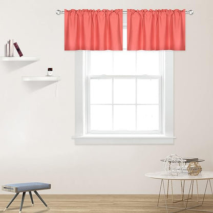 Coral Valance for Windows 42x18 Inch Solid Thermal Insulated Blackout Rod Pocket Kitchen Short Curtain Toppers Valance for Bathroom Living Room 2 Panels