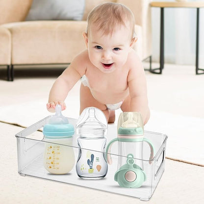 Plastic Baby Bottle Nursery and Food Organizer Storage Holder Bin with Handles for Closet, Cupboard, Cabinet, Drawers, Shelves Holds Canned Food, Bottles, Formula Ligne Collection, Clear
