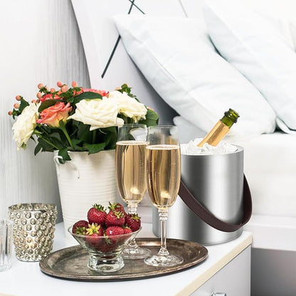 3L Large Ice Bucket with Lid, Ice Tong, Strainer & Leather Handle Keep Ice Frozen Longer Large Wine Ice Buckets for Parties,Cocktail Bar, Chilling Beer Champagne, Dark Brown Handle 3L