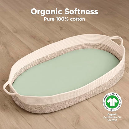 2-Pack Organic Bassinet Sheets for Girls, Boys - 100% Cotton Bassinet Mattress Sheets Compatible with Halo Bassinest Swivel Sleeper, Graco, Baby Delight, Chicco, Unisex Fitted Bassinet Sheets (Sage)