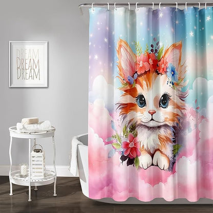 AILONEN Kawaii Cat Shower Curtains,Pink Sky Flora Cat Bath Curtains Gifts for Cat Lover,Cartoon Cat Curtains,Polyester Waterproof with 12 Plastic Hooks 72" W*72" H
