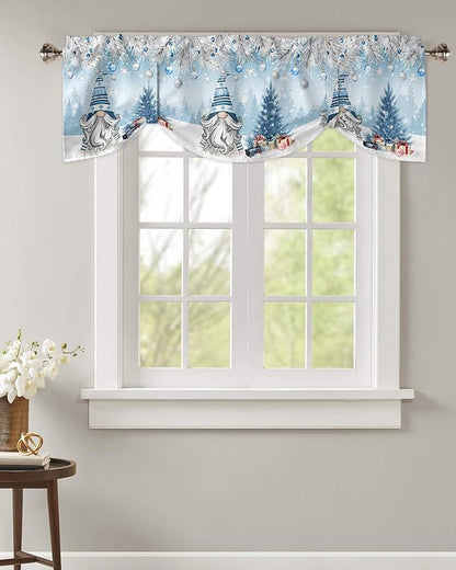 Christmas Gnome Blackout Tie Up Valance Curtains for Kitchen Windows Winter Merry Christmas Tree Balls Window Toppers Balloon Shades for Living Room/Bathroom/Bedroom,1 Panel, 60" X 18", Blue