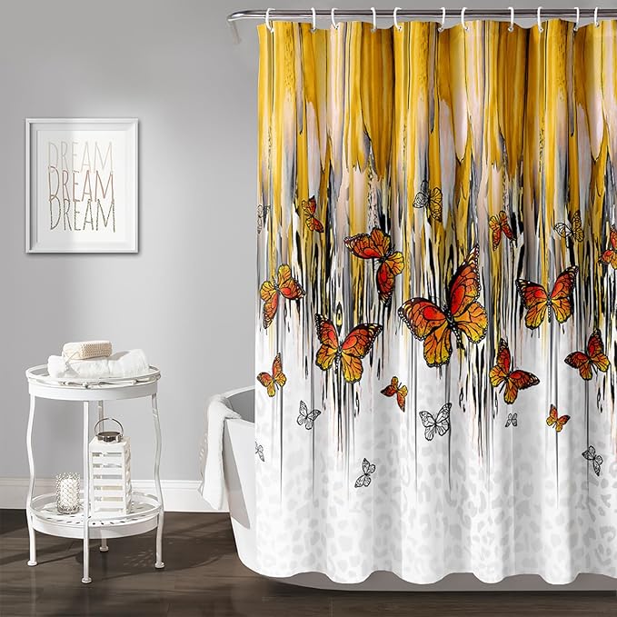 AILONEN Butterfly Shower Curtain for Bathroom Yellow Ink Fluid Painting Grey Leopard Bath Curtain 48" W*72" H Polyester Fabric Waterproof Bathroom Curtain with 12 Hooks