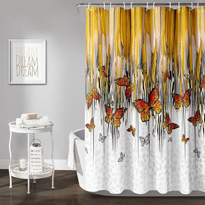 AILONEN Butterfly Shower Curtain for Bathroom Yellow Ink Fluid Painting Grey Leopard Bath Curtain 72" W*72" H Polyester Fabric Waterproof Bathroom Curtain with 12 Hooks