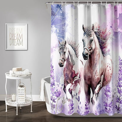 AILONEN Watercolor Flower Horse Shower Curtain,Galloping Horse Bath Curtain,Purple Lavender Horse Decoration Bathroom Curtain with 12 Plastic Hooks,Waterproof 72" W*72" H