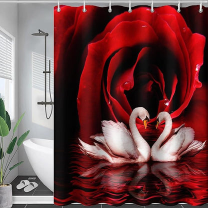 AILONEN 3D Printed Rose Shower Curtain,Red Rose Bath Curtain, White Swan Shower Curtain for Bathroom Decor, 72" W*78" H Polyester Waterproof Bath Curtain with 12 Hooks
