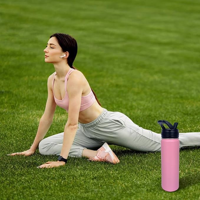 4pack 22 oz Insulated Water Bottle With Straw, Stainless Steel Sports Water Cup Flask with 2 Lids, Wide Mouth Travel Thermal Mug,Pink