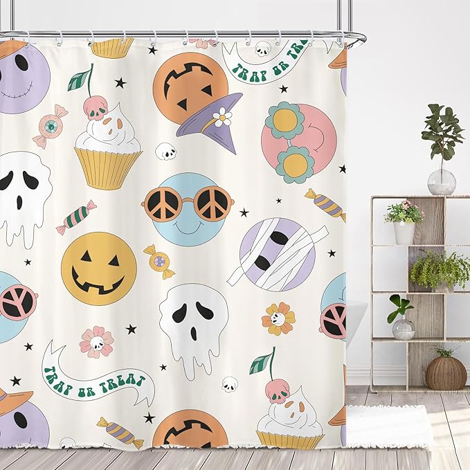 70s 60s Groovy Halloween Spooky Ghost Pumpkin Zombie Mummy Shower Curtain 60Wx72L Inch Smiling Face Retro Hippie Funny Bathroom Set Accessories Decor Polyester Waterproof with 12 Pack Hooks