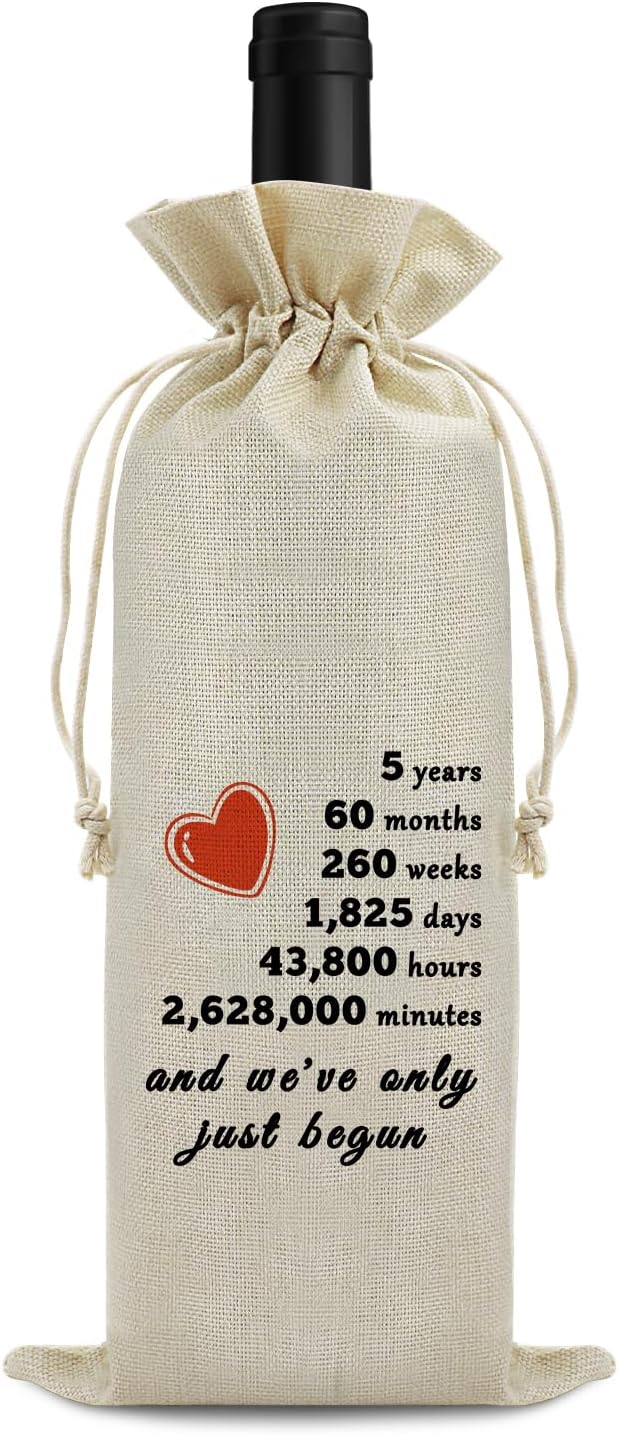 5th Anniversary Wine Bag for Him Her Five Years Anniversary Wedding Gift for Husband Wife 5 Years Dating Anniversary for Men Women 5 Years of Marriage Gift Birthday Christmas Gift Wine Gift Bag