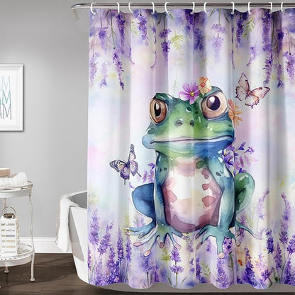 AILONEN Frog Shower Curtain, Tie Dye Lavender Flower Bath Curtain,Tie Dye Frog Bathroom Curtain Decor,Cute Frog Polyester Waterproof 72" W*96" H Shower Curtain (12 Hooks)