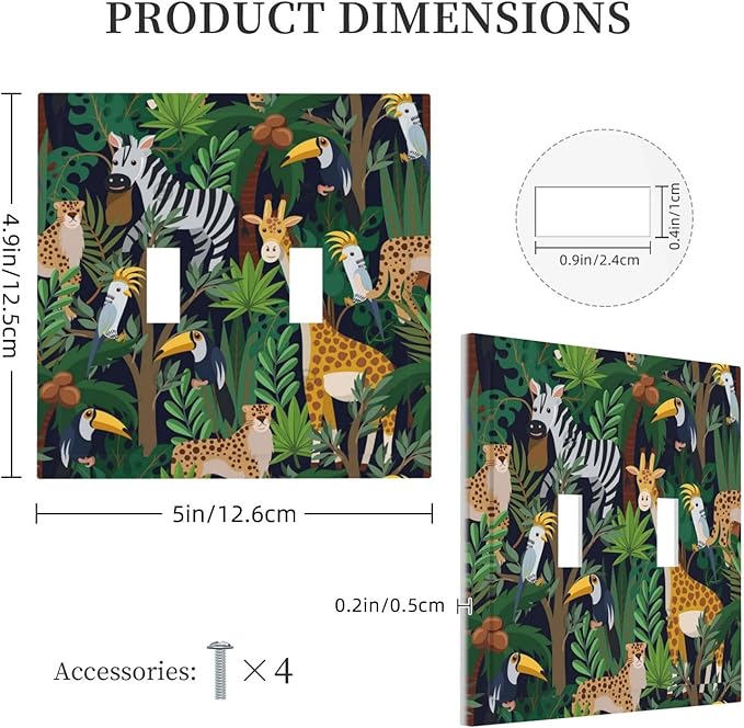 Cartoon Animal Zebra Leopard Giraffe Bird Leaf Double Toggle Nursery Light Switch Covers Decorative 2 Gang Wall Plate Dual Electrical Faceplate Switchplate for Kidroom Living Room Decor