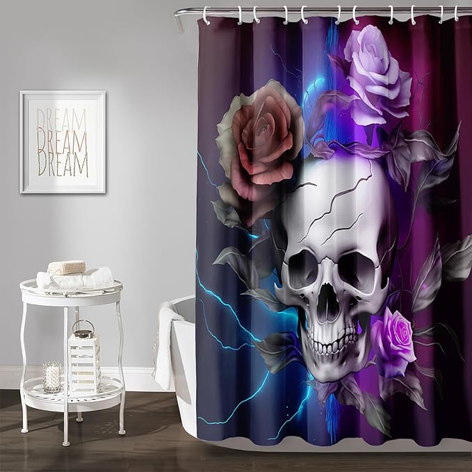 AILONEN 3D Skull Shower Curtain,Purple Rose with Skeleton Design Shower Curtain Set with Hooks for Boys Girls Teens,Gothic Skull with Light Waterproof Fabric Shower Curtain for Bathroom,48" W*72" H