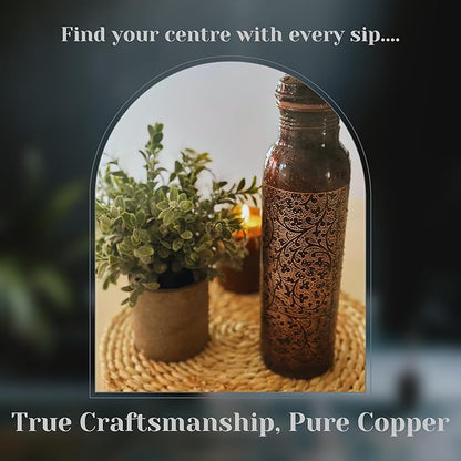 Kandisa Antique Etched Copper Water Bottle with a Canvas Bag | 32oz Pure Copper Water Bottle For Drinking | Anti Slip Bottom | Handcrafted by Artisans | Sustainable & Eco-friendly