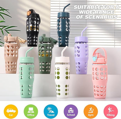 MUKOKO 32 oz Glass Tumbler with Straw,Glass Water Bottles with Time Marker,Iced Coffee Cup with 2 Lids-Handle Spout Lid&Straw Lid,Silicone Sleeve,Leakproof,1 Pack-Amber