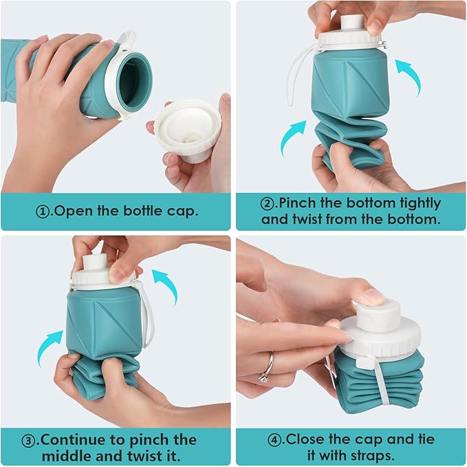 23oz Collapsible Silicone Water Bottle, BPA Free, Portable for Hiking, Travel, Camping, Yoga, Foldable, Leakproof, Lightweight, 690mL
