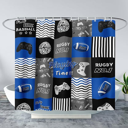 AILONEN Gamepad Shower Curtain,Navy Blue Ball Sports Bathroom Shower Curtain Sets for Boys Kids Teens, 72" W*84" H Gaming Gamer Theme Shower Curtain for Bathroom