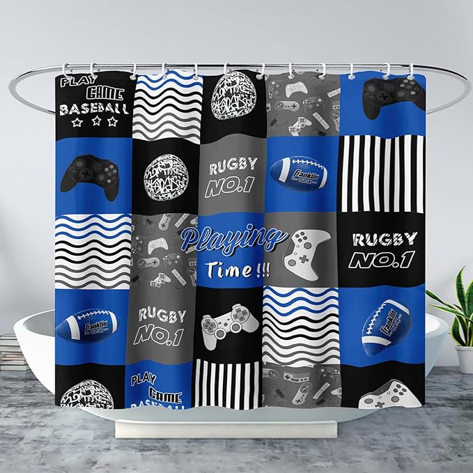 AILONEN Gamepad Shower Curtain,Navy Blue Ball Sports Bathroom Shower Curtain Sets for Boys Kids Teens, 72" W*72" H Gaming Gamer Theme Shower Curtain for Bathroom